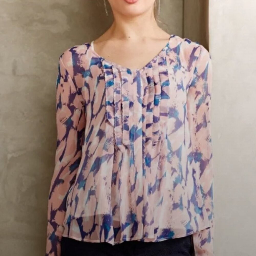 Anthropologie Maeve Pleated Front Blouse - Pink & Blue Abstract Size 10